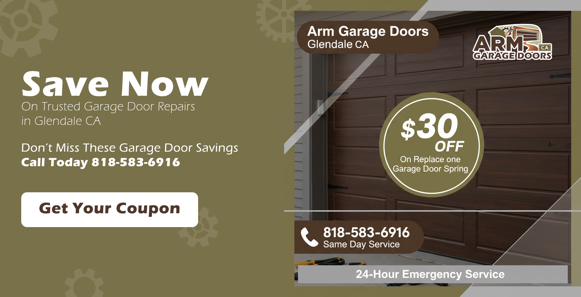 Garage door service discount coupon for repairs and installations in Glendale CA